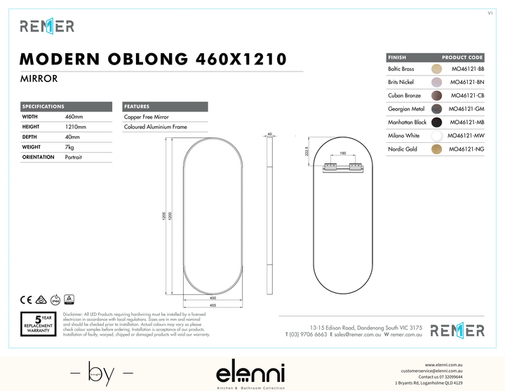 Modern Oblong Mirror with Portable Magnifier Manhattan Black SEPT26 MO46121 Elenni specification drawing