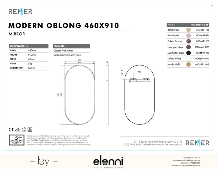 Modern Oblong Mirror with Portable Magnifier Georgian Metal SEPT26 MO4691 Elenni specification drawing