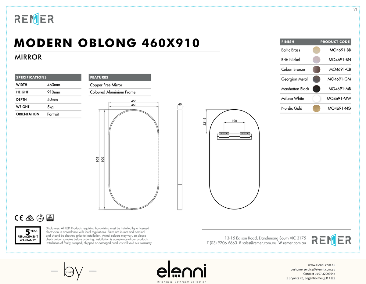 Modern Oblong Mirror with Portable Magnifier Manhattan Black SEPT26 MO4691 Elenni specification drawing
