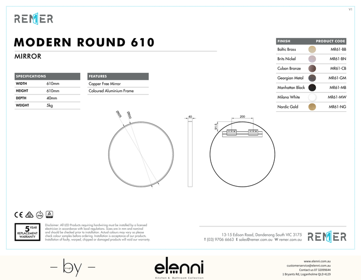 Modern Round Mirror Georgian Metal SEPT26 MR61 Elenni specification drawing