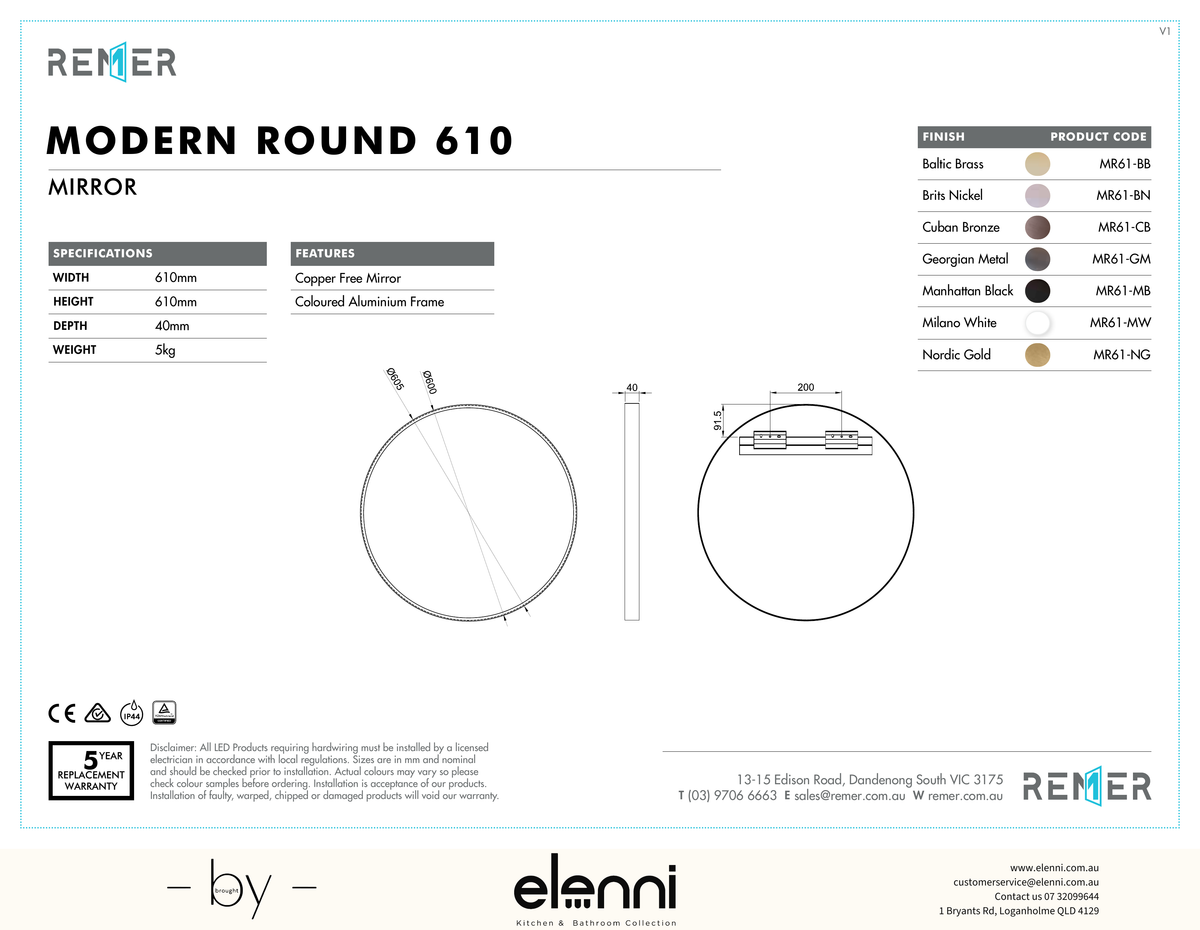 Modern Round Mirror with Portable Magnifier Brits Nickel SEPT26 MR61 Elenni specification drawing