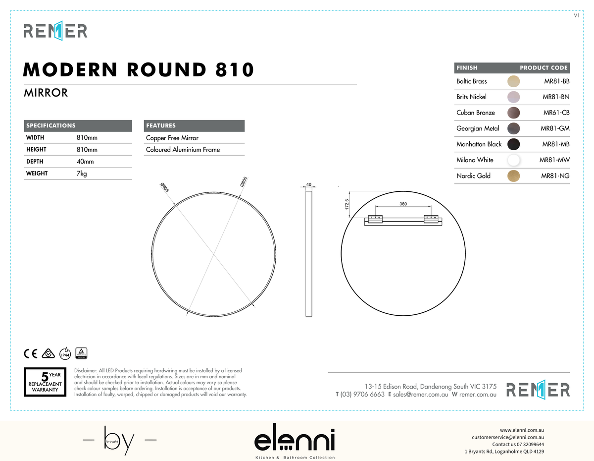 Modern Round Mirror with Portable Magnifier Cuban Bronze SEPT26 MR81 Elenni specification drawing