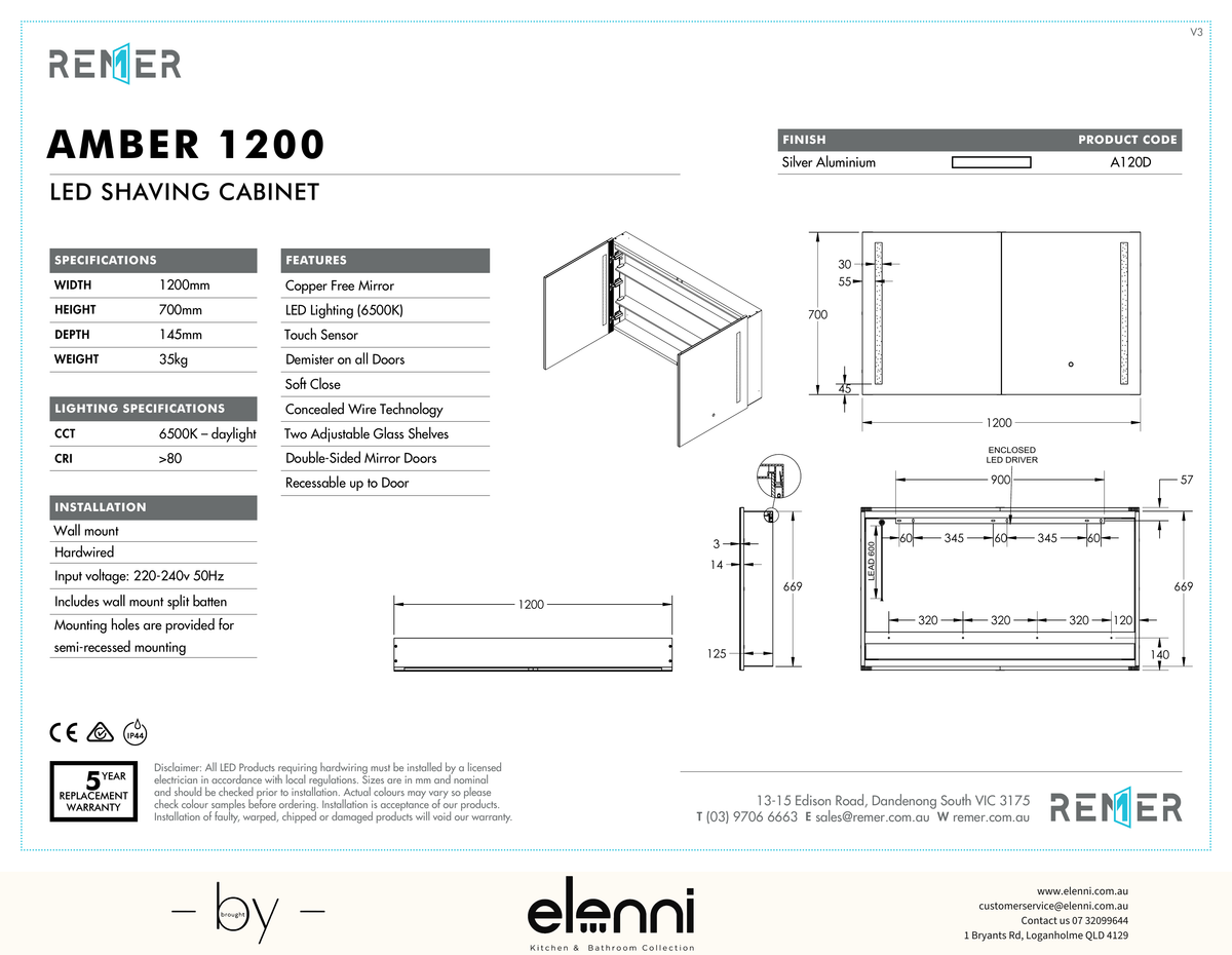 Amber LED Shaving Cabinet Amber1200 Dec24 Elenni specification drawing