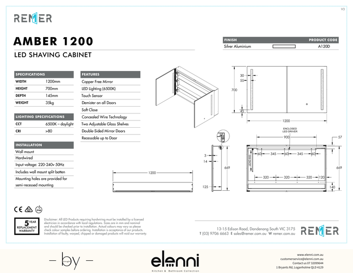 Amber LED Shaving Cabinet Amber1200 Dec24 Elenni specification drawing