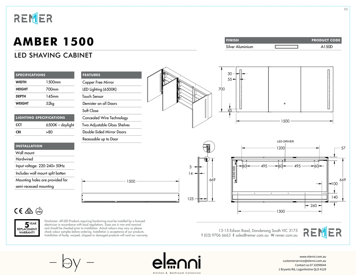 Amber LED Shaving Cabinet Amber1500 Dec24 Elenni specification drawing