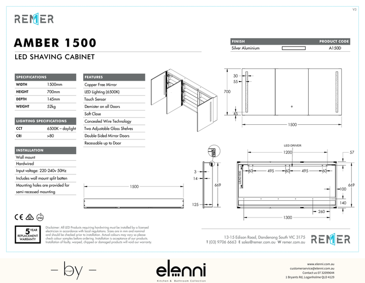 Amber LED Shaving Cabinet Amber1500 Dec24 Elenni specification drawing