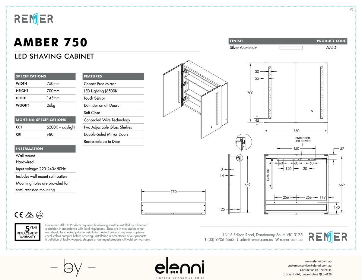 Amber LED Shaving Cabinet Amber750 Dec24 Elenni specification drawing
