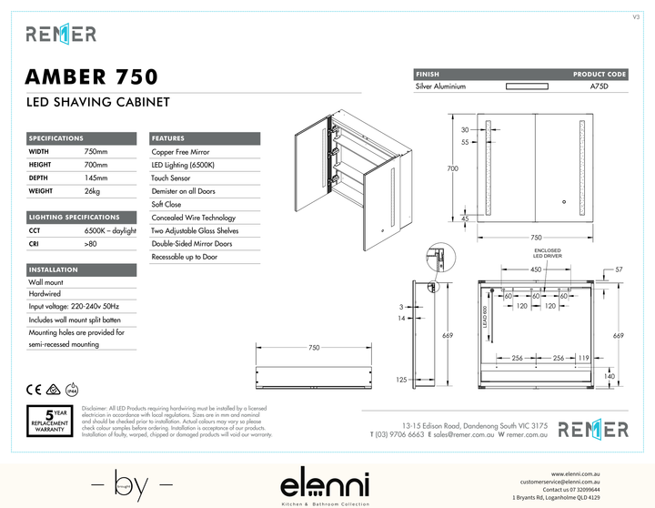 Amber LED Shaving Cabinet Amber750 Dec24 Elenni specification drawing
