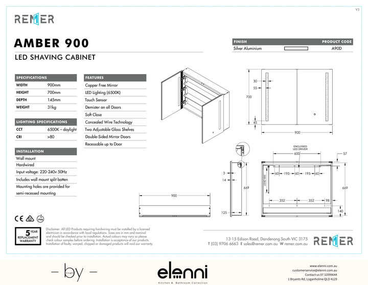 Amber LED Shaving Cabinet Amber900 Dec24 Elenni specification drawing