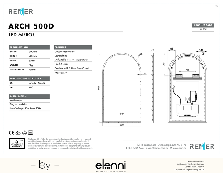 Arch LED Mirror Frameless AR50D Elenni specification drawing
