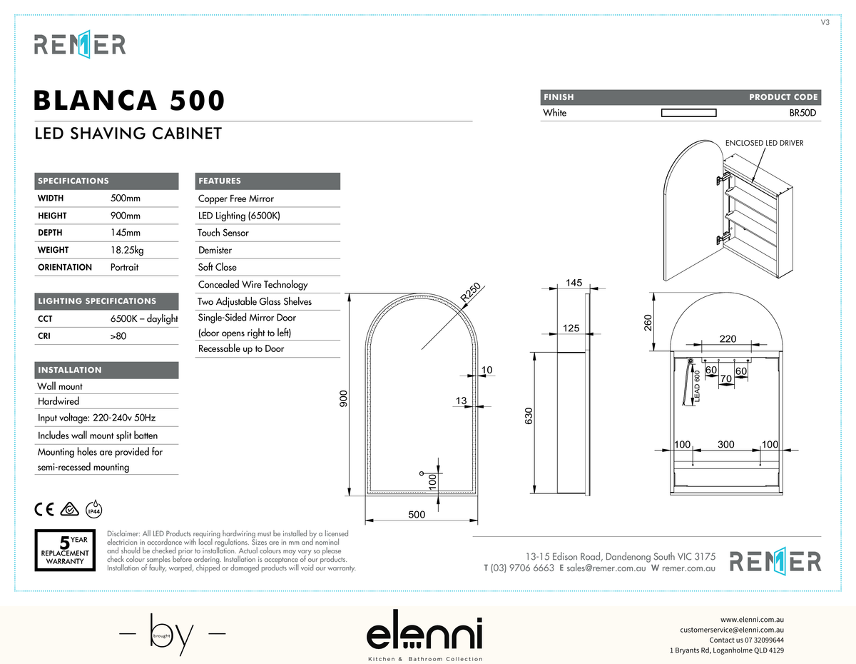 Blanca LED Shaving Cabinet Frameless Blanca500 Elenni specification drawing