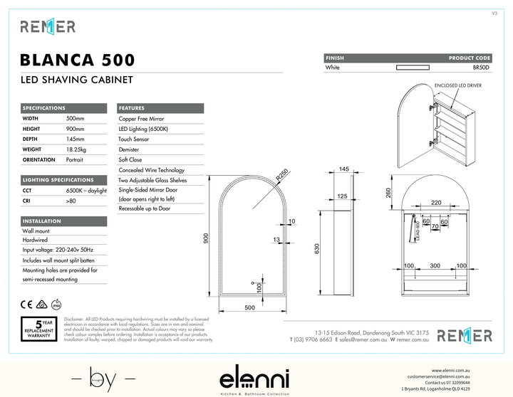Blanca LED Shaving Cabinet Frameless Blanca500 Elenni specification drawing