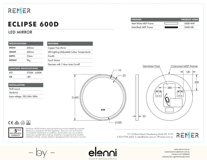 Eclipse LED Mirror Matte Black ECLIPSE 600D Elenni specification drawing