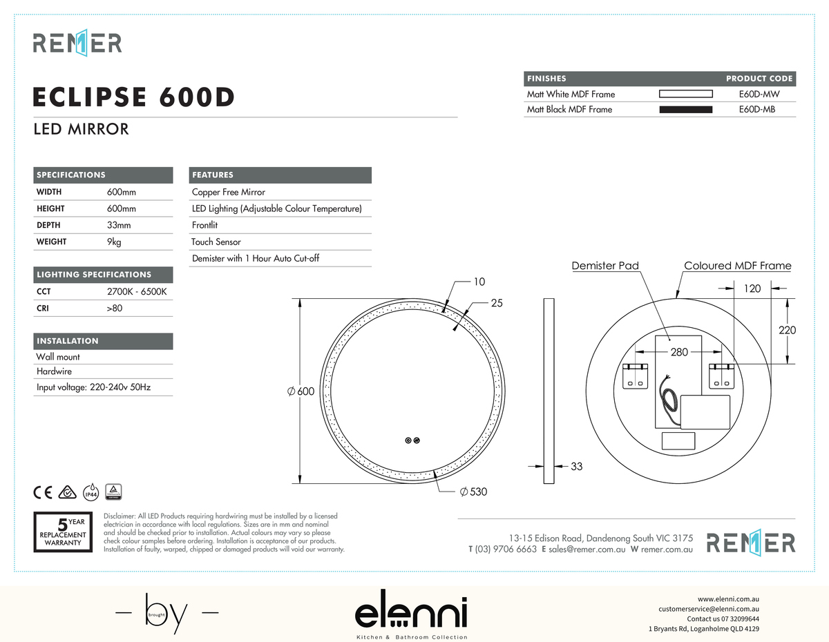 Eclipse LED Mirror Milano White ECLIPSE 600D Elenni specification drawing