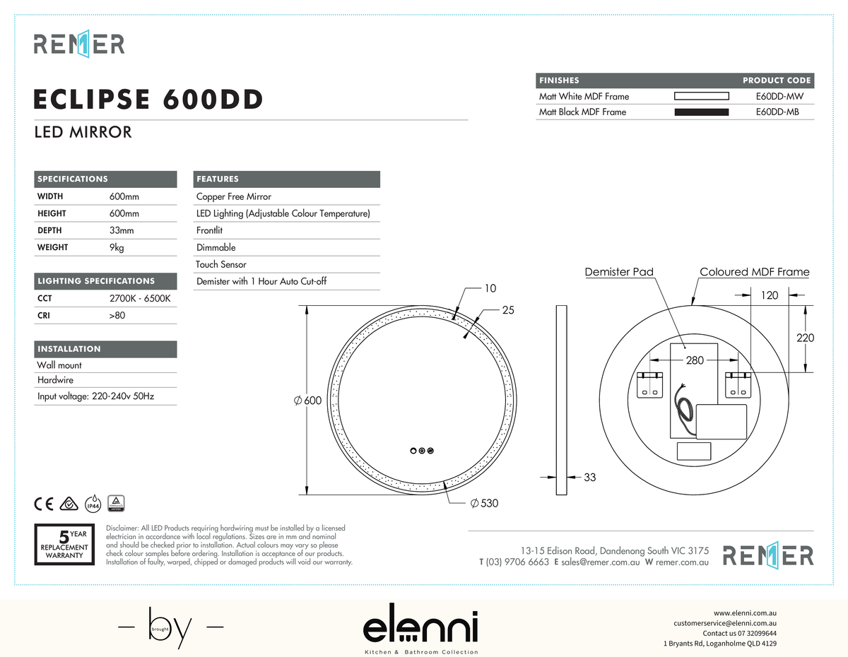 Eclipse LED Mirror with Dimmer Milano White ECLIPSE 600DD Elenni specification drawing