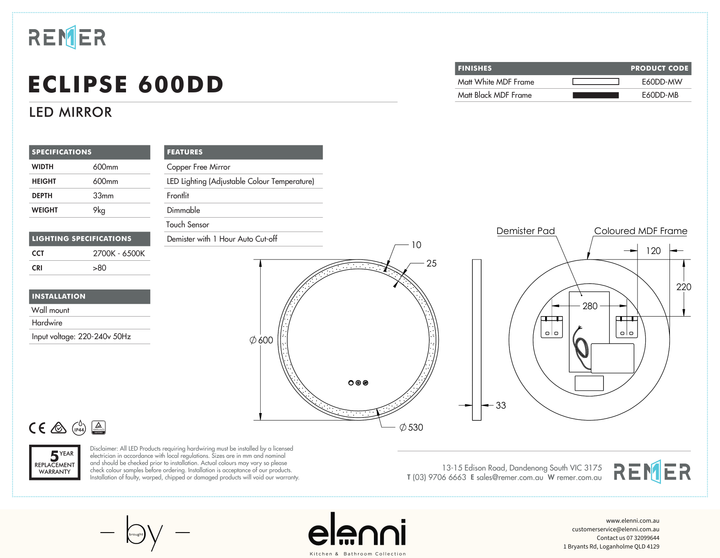 Eclipse LED Mirror with Dimmer Milano White ECLIPSE 600DD Elenni specification drawing