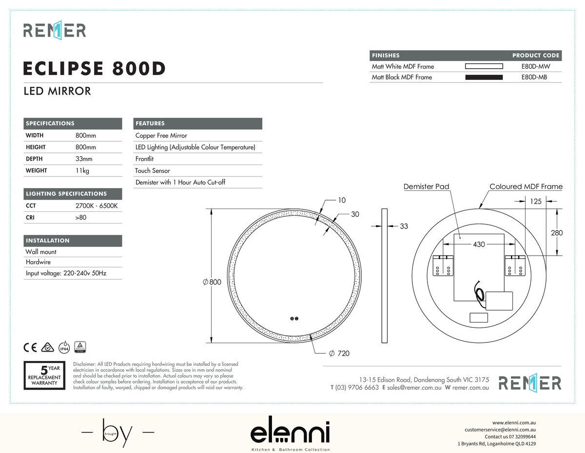 Eclipse LED Mirror Matte Black ECLIPSE 800D Elenni specification drawing