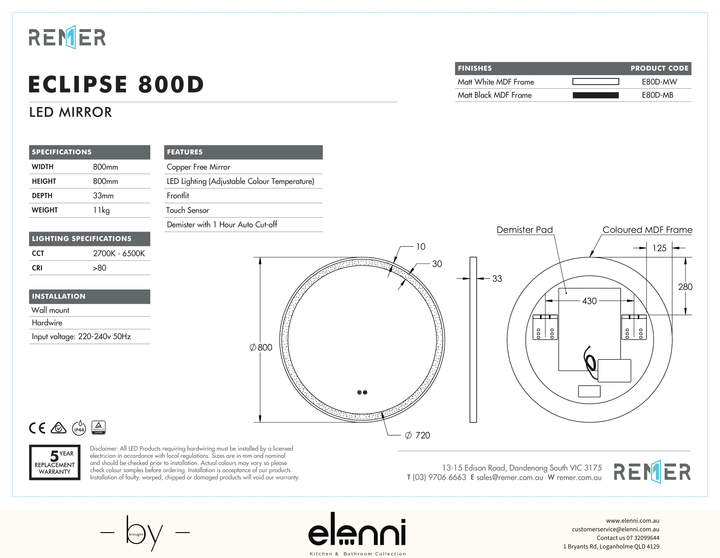 Eclipse LED Mirror Matte Black ECLIPSE 800D Elenni specification drawing