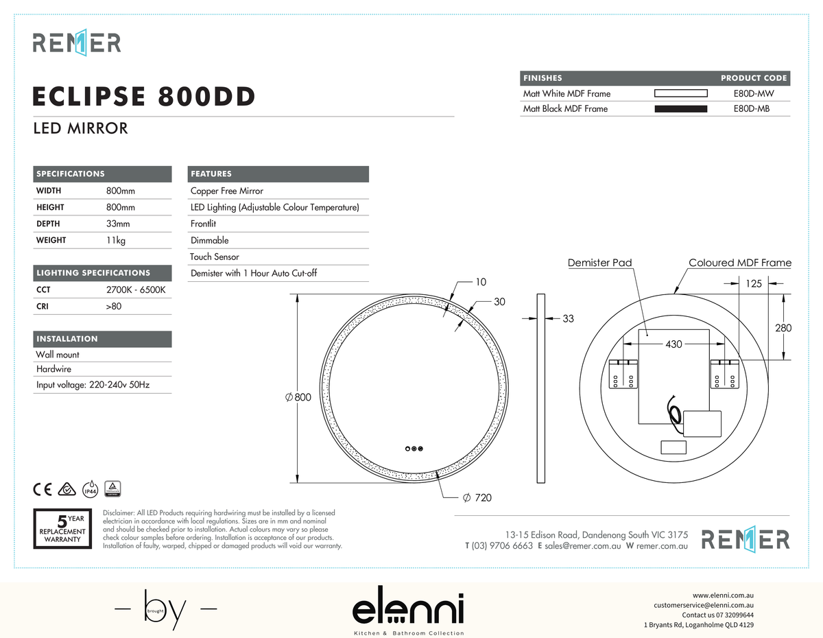 Eclipse LED Mirror with Dimmer Matte Black ECLIPSE 800DD Elenni specification drawing