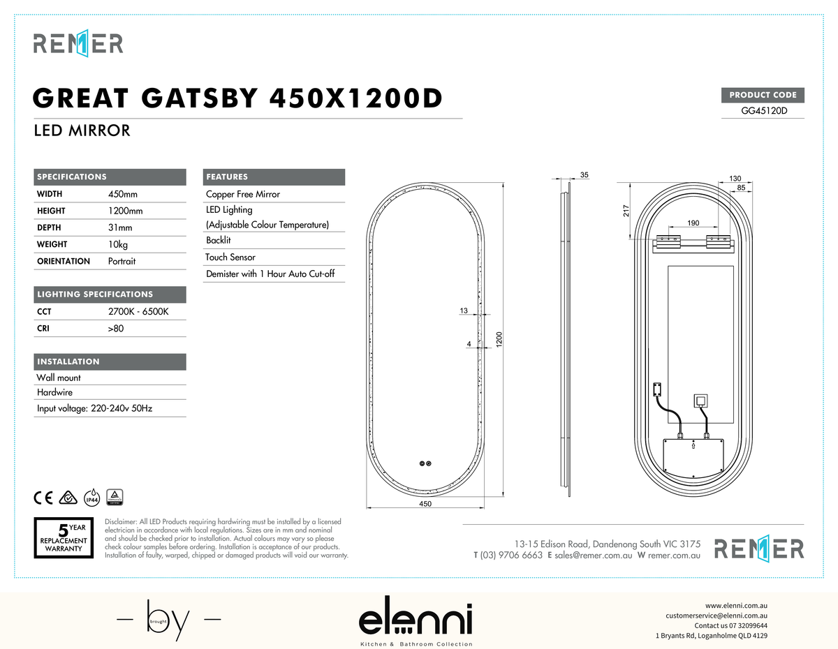 Great Gatsby LED Mirror Frameless G45120D Elenni specification drawing