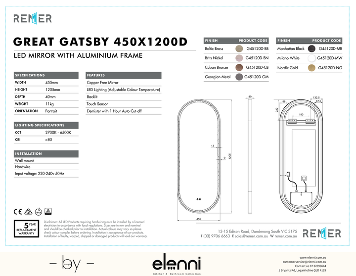 Great Gatsby LED Mirror Cuban Bronze G45120D Elenni specification drawing