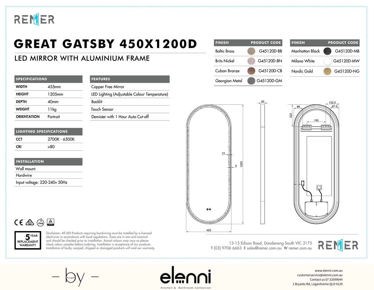Great Gatsby LED Mirror Manhattan Black G45120D Elenni specification drawing