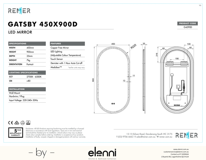 Gatsby LED Mirror with Demister and Portable Magnifier Frameless G4590D Elenni specification drawing