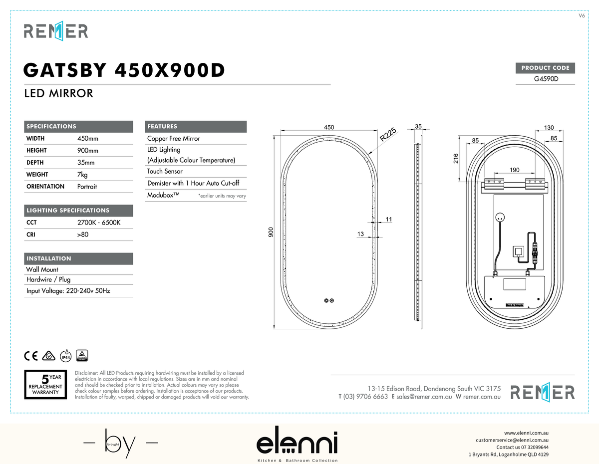 Gatsby LED Mirror Frameless G4590D Elenni specification drawing