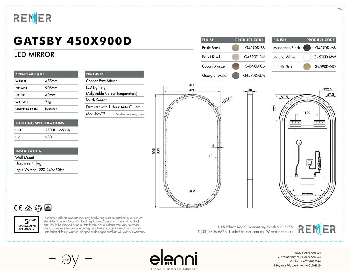 Gatsby LED Mirror Baltic Brass G4590D Elenni specification drawing