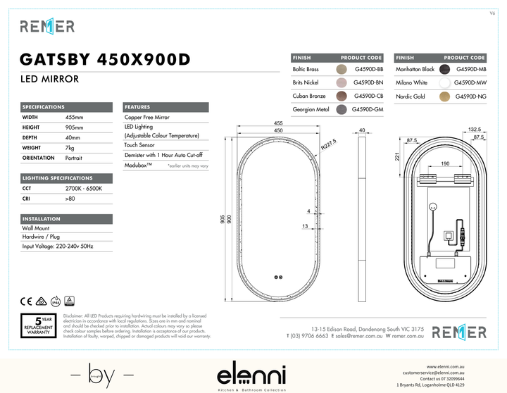 Gatsby LED Mirror Cuban Bronze G4590D Elenni specification drawing