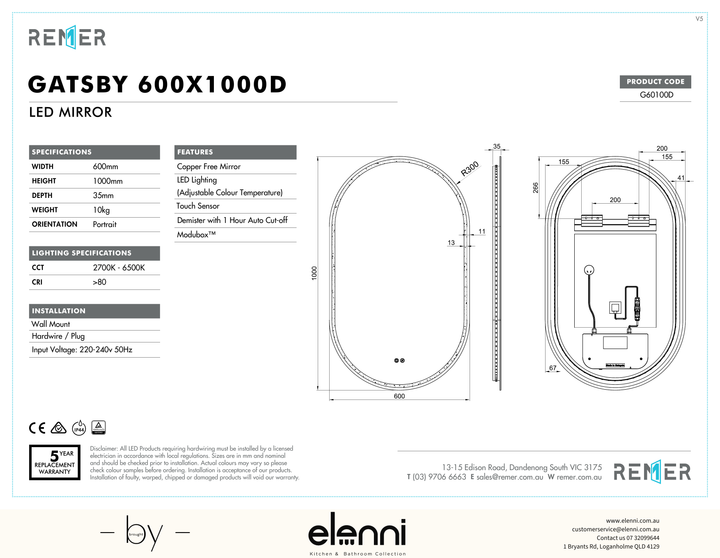 Gatsby LED Mirror with Demister and Portable Magnifier Frameless G60100D Elenni specification drawing