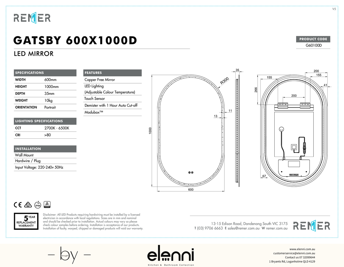Gatsby LED Mirror Frameless G60100D Elenni specification drawing