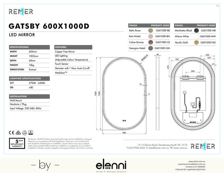 Gatsby LED Mirror with Demister and Portable Magnifier Cuban Bronze G60100D Elenni specification drawing