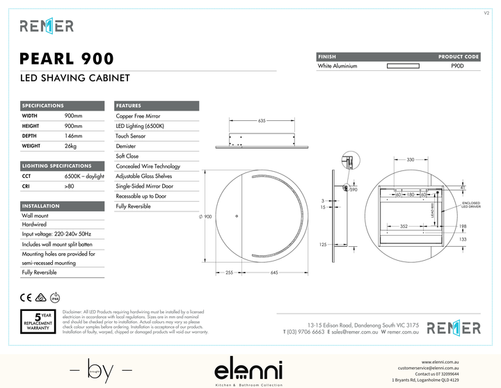 Pearl LED Shaving Cabinet Pearl Elenni specification drawing