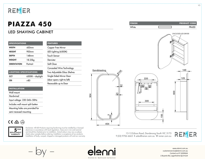 Piazza LED Rectangle Shaving Cabinet Frameless Piazza450 Elenni specification drawing