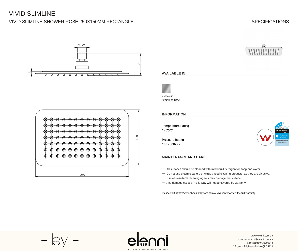 Vivid Slimline Shower Rose 250x150mm Rectangle - Elenni specification drawing