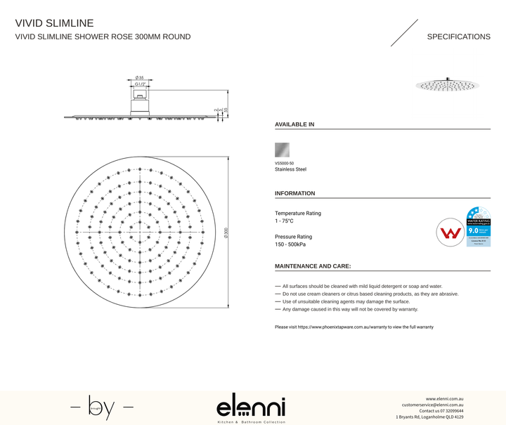 Vivid Slimline Shower Rose 300mm Round - Elenni specification drawing