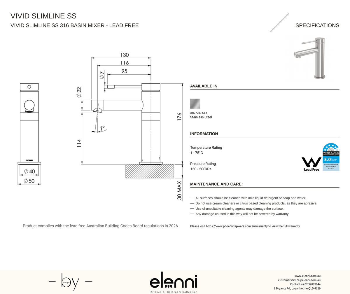 Vivid Slimline SS 316 Basin Mixer - Elenni specification drawing