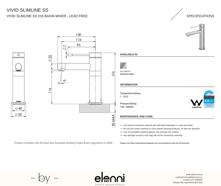 Vivid Slimline SS 316 Basin Mixer - Elenni specification drawing