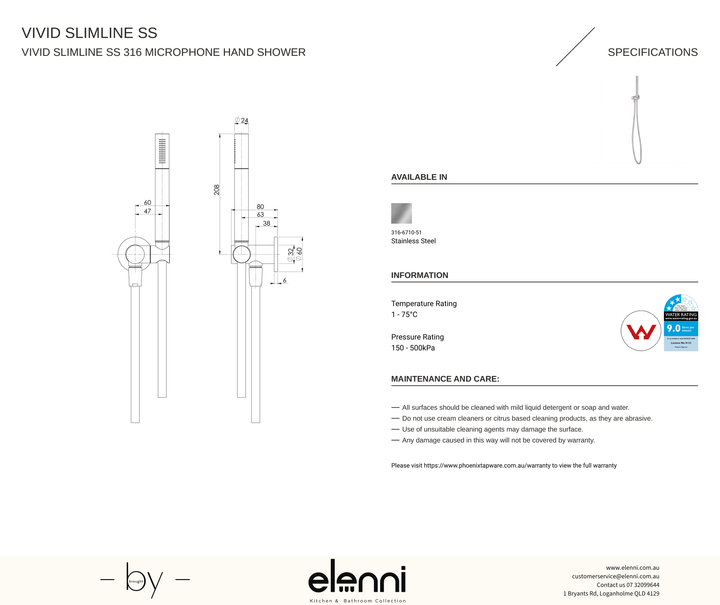 Vivid Slimline SS 316 Microphone Hand Shower - Elenni specification drawing