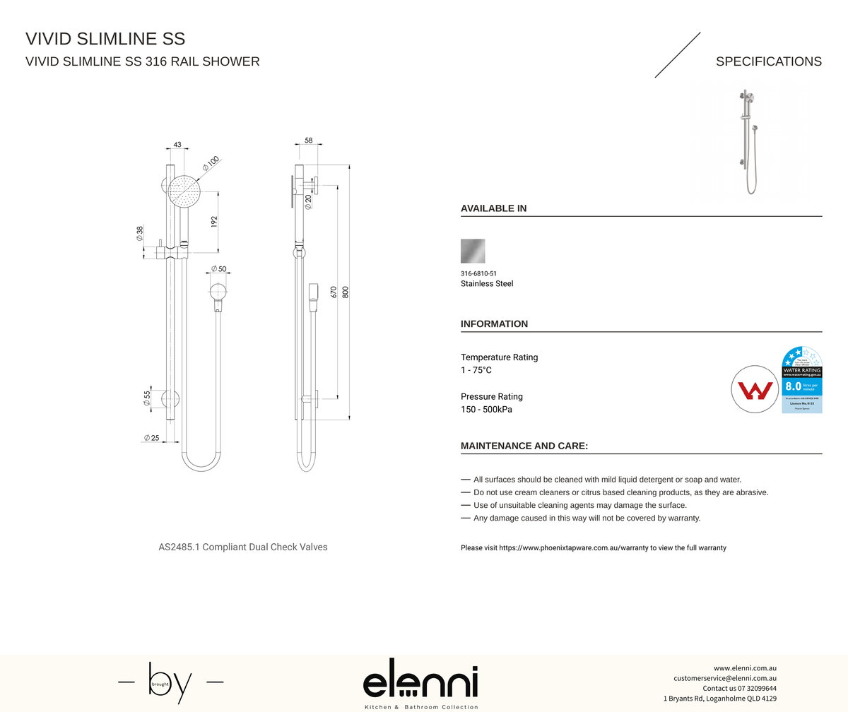 Vivid Slimline SS 316 Rail Shower - Elenni specification drawing