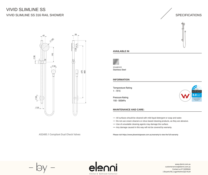 Vivid Slimline SS 316 Rail Shower - Elenni specification drawing