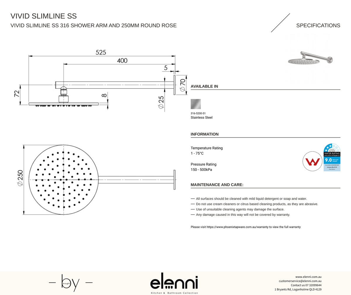 Vivid Slimline SS 316 Shower Arm and 250mm Round Rose - Elenni specification drawing