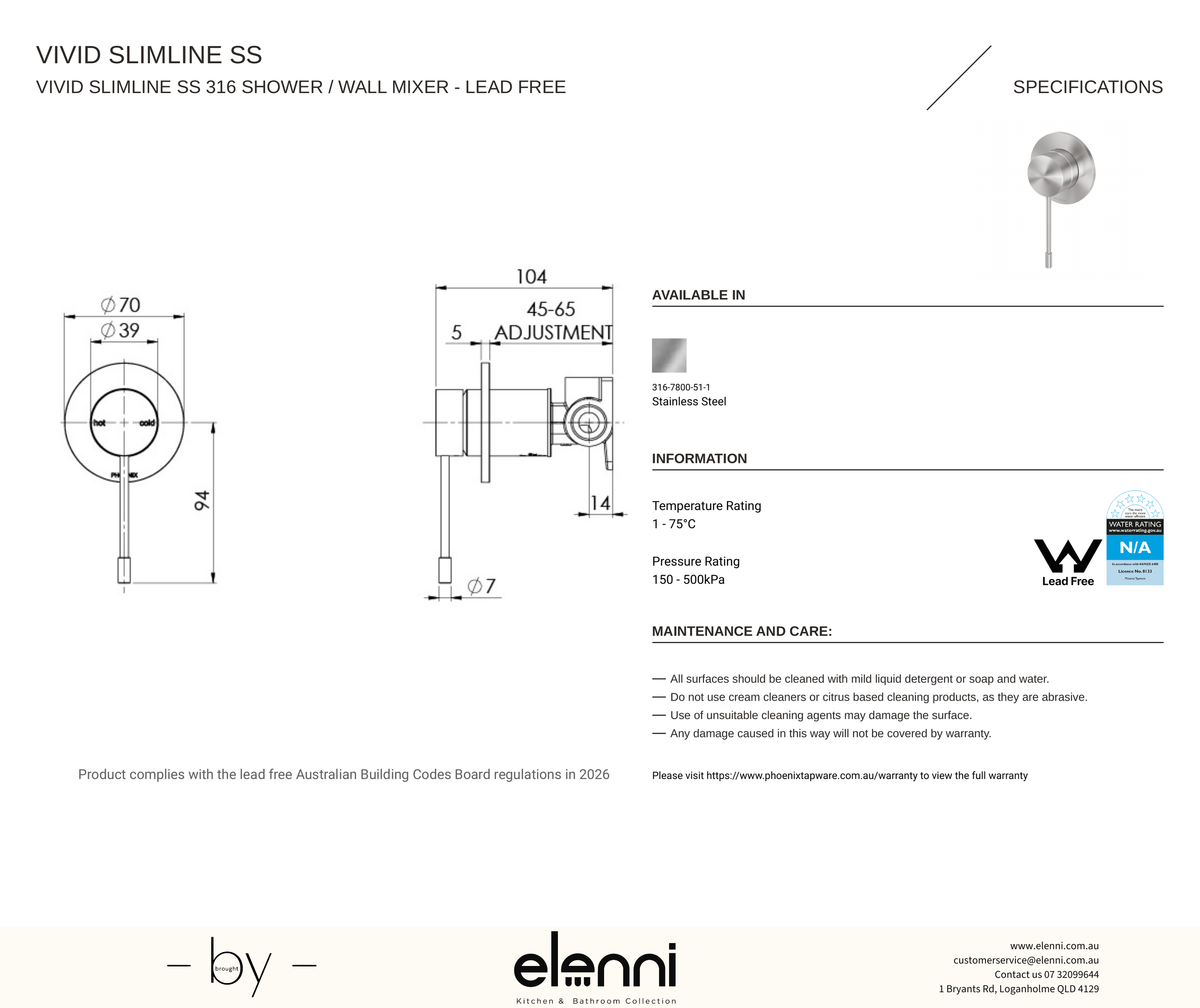 Vivid Slimline SS 316 Shower / Wall Mixer - Elenni specification drawing
