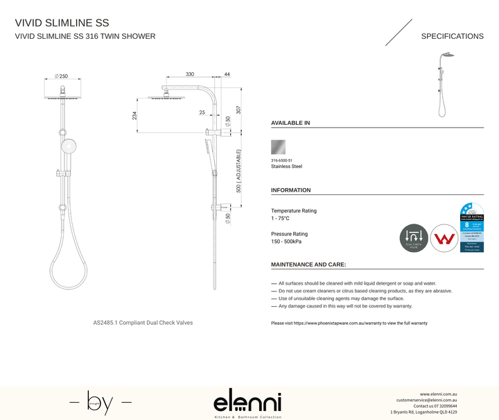 Vivid Slimline SS 316 Twin Shower - Elenni specification drawing