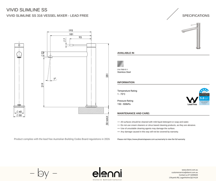Vivid Slimline SS 316 Vessel Mixer - Elenni specification drawing