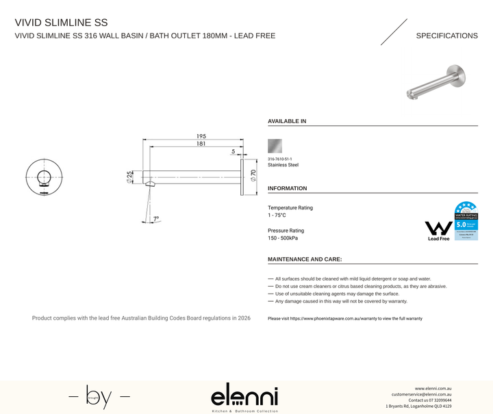 Vivid Slimline SS 316 Wall Basin / Bath Outlet 180mm - Elenni specification drawing