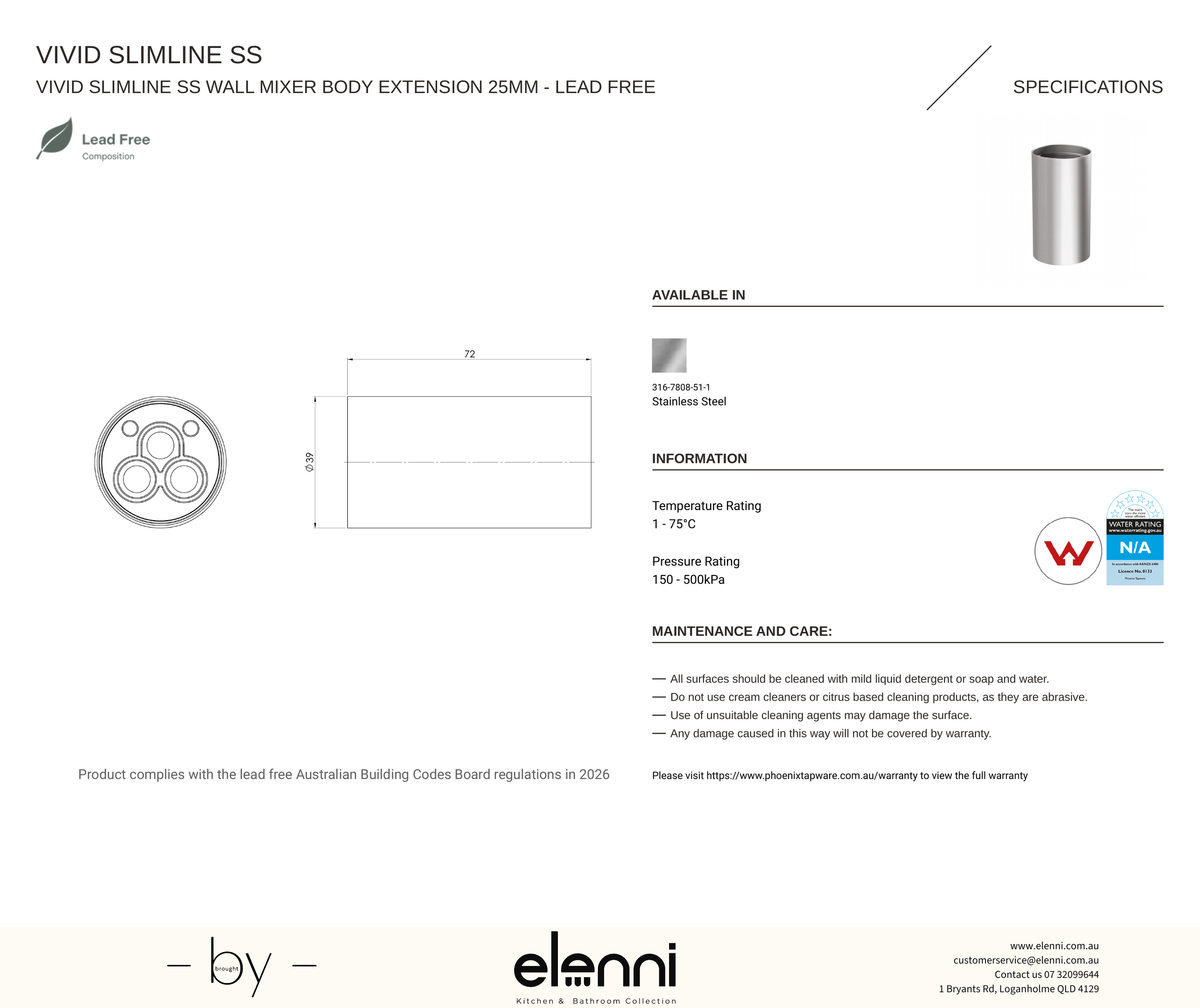 Vivid Slimline SS Wall Mixer Body Extension 25mm - Elenni specification drawing