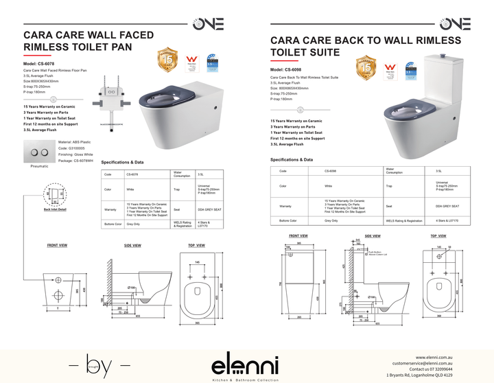 Cara Care Rimless Wall Faced Toilet Suite with Pneumatic Plate, Gloss White with Grey Seat specification drawing
