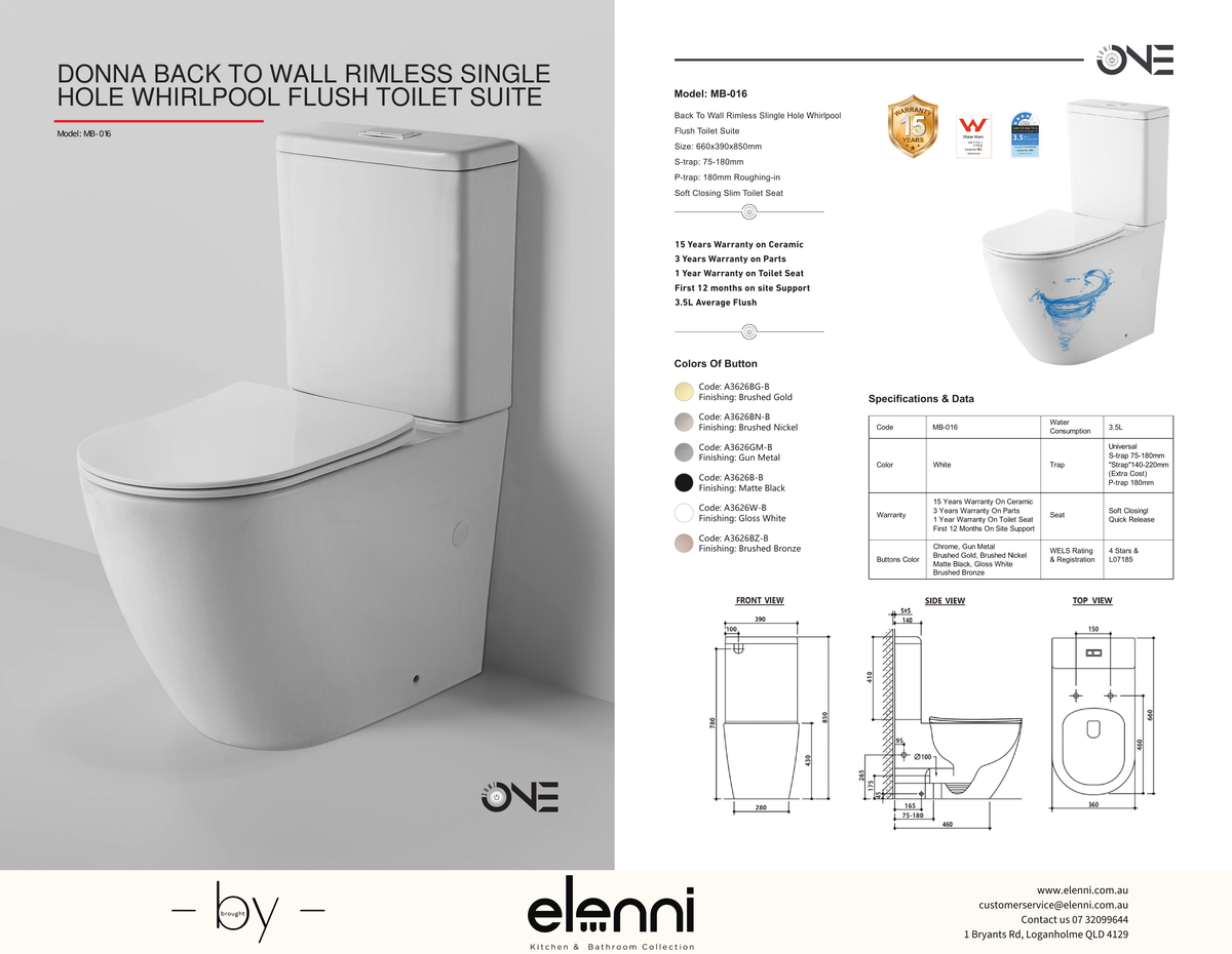 Donna Extra High Rimless Whirlpool Flush Back to Wall Toilet Suite, Gloss White specification drawing